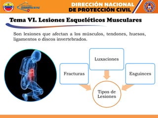 Tema VI. Lesiones Esqueléticos Musculares
Son lesiones que afectan a los músculos, tendones, huesos,
ligamentos o discos invertebrados.
Tipos de
Lesiones
Fracturas
Luxaciones
Esguinces
 