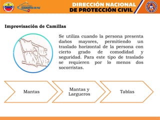 Se utiliza cuando la persona presenta
daños mayores, permitiendo un
traslado horizontal de la persona con
cierto grado de comodidad y
seguridad. Para este tipo de traslado
se requieren por lo menos dos
socorristas.
Improvisación de Camillas
Mantas
Mantas y
Largueros
Tablas
 