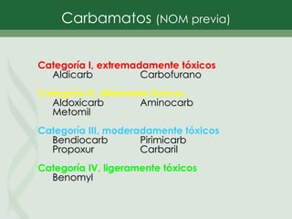 Carbamatos (NOM previa)
Categoría I, extremadamente tóxicos
Aldicarb Carbofurano
Categoría II, altamente tóxicos
Aldoxicarb Aminocarb
Metomil
Categoría III, moderadamente tóxicos
Bendiocarb Pirimicarb
Propoxur Carbaril
Categoría IV, ligeramente tóxicos
Benomyl
 