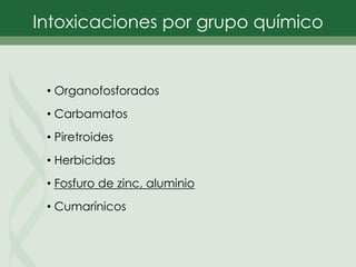 • Organofosforados
• Carbamatos
• Piretroides
• Herbicidas
• Fosfuro de zinc, aluminio
• Cumarínicos
Intoxicaciones por grupo químico
 