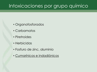 • Organofosforados
• Carbamatos
• Piretroides
• Herbicidas
• Fosfuro de zinc, aluminio
• Cumarínicos e indadiónicos
Intoxicaciones por grupo químico
 