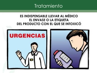 ES INDISPENSABLE LLEVAR AL MÉDICO
EL ENVASE O LA ETIQUETA
DEL PRODUCTO CON EL QUE SE INTOXICÓ
Tratamiento
 