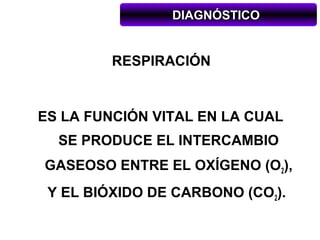 DIAGNÓSTICO


         RESPIRACIÓN


ES LA FUNCIÓN VITAL EN LA CUAL
  SE PRODUCE EL INTERCAMBIO
GASEOSO ENTRE EL OXÍGENO (O2),
 Y EL BIÓXIDO DE CARBONO (CO2).
 