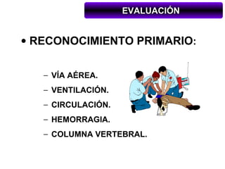EVALUACIÓN


• RECONOCIMIENTO PRIMARIO:

   − VÍA AÉREA.
   − VENTILACIÓN.
   − CIRCULACIÓN.
   − HEMORRAGIA.
   − COLUMNA VERTEBRAL.
 