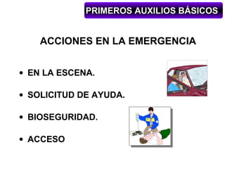 PRIMEROS AUXILIOS BÁSICOS


    ACCIONES EN LA EMERGENCIA


• EN LA ESCENA.

• SOLICITUD DE AYUDA.

• BIOSEGURIDAD.

• ACCESO
 