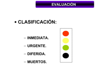EVALUACIÓN



• CLASIFICACIÓN:


   − INMEDIATA.

   − URGENTE.

   − DIFERIDA.

   − MUERTOS.
 