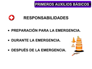 PRIMEROS AUXILIOS BÁSICOS


       RESPONSABILIDADES


• PREPARACIÓN PARA LA EMERGENCIA.

• DURANTE LA EMERGENCIA.

• DESPUÉS DE LA EMERGENCIA.
 
