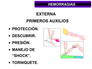 HEMORRAGIAS

               EXTERNA
        PRIMEROS AUXILIOS
• PROTECCIÓN.
• DESCUBRIR.
• PRESIÓN.
• MANEJO DE
 “SHOCK”.
• TORNIQUETE.
 