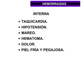 HEMORRAGIAS


       INTERNA

• TAQUICARDIA.
• HIPOTENSIÓN.
• MAREO.
• HEMATOMA.
• DOLOR.
• PIEL FRÍA Y PEGAJOSA.
 