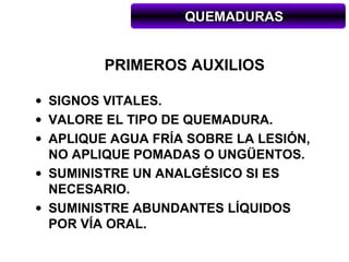 QUEMADURAS


         PRIMEROS AUXILIOS

• SIGNOS VITALES.
• VALORE EL TIPO DE QUEMADURA.
• APLIQUE AGUA FRÍA SOBRE LA LESIÓN,
  NO APLIQUE POMADAS O UNGÜENTOS.
• SUMINISTRE UN ANALGÉSICO SI ES
  NECESARIO.
• SUMINISTRE ABUNDANTES LÍQUIDOS
  POR VÍA ORAL.
 