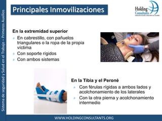 SistemadeseguridadySaludenelTrabajo–PrimerosAuxilios
WWW.HOLDINGCONSULTANTS.ORG
En la extremidad superior
En cabrestillo, con pañuelos
triangulares o la ropa de la propia
víctima
Con soporte rígidos
Con ambos sistemas
Principales Inmovilizaciones
En la Tibia y el Peroné
Con férulas rígidas a ambos lados y
acolchonamiento de los laterales
Con la otra pierna y acolchonamiento
intermedio
 