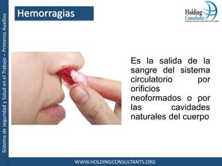 SistemadeseguridadySaludenelTrabajo–PrimerosAuxilios
WWW.HOLDINGCONSULTANTS.ORG
Es la salida de la
sangre del sistema
circulatorio por
orificios
neoformados o por
las cavidades
naturales del cuerpo
Hemorragias
 