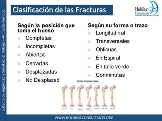 SistemadeseguridadySaludenelTrabajo–PrimerosAuxilios
WWW.HOLDINGCONSULTANTS.ORG
Según la posición que
toma el hueso
Completas
Incompletas
Abiertas
Cerradas
Desplazadas
No Desplazadas
Según su forma o trazo
Longitudinal
Transversales
Oblicuas
En Espiral
En tallo verde
Conminutas
Clasificación de las Fracturas
 