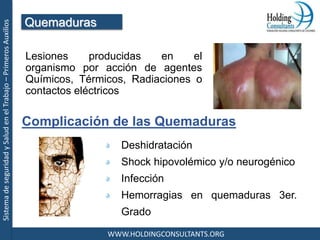 SistemadeseguridadySaludenelTrabajo–PrimerosAuxilios
WWW.HOLDINGCONSULTANTS.ORG
Complicación de las Quemaduras
Deshidratación
Shock hipovolémico y/o neurogénico
Infección
Hemorragias en quemaduras 3er.
Grado
Quemaduras
Lesiones producidas en el
organismo por acción de agentes
Químicos, Térmicos, Radiaciones o
contactos eléctricos
 