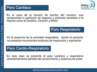 SistemadeseguridadySaludenelTrabajo–PrimerosAuxilios
WWW.HOLDINGCONSULTANTS.ORG
En este caso se presenta el paro cardíaco y respiratorio
caracterizandose pérdida del conocimiento y ausencia de pulso
Paro Cardíaco
Es el cese de la función de bomba del corazón, que
compromete la perfusión de órganos y sistemas sensibles a la
Hipoxia como el Cerebro, Corazón y Riñón
Paro Respiratorio
Es la ausencia de la actividad respiratoria, donde el paciente
no presenta movimientos toráxicos de inspiración y expiración
Paro Cardio-Respiratorio
 