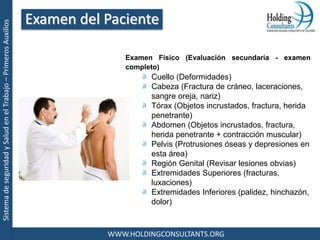 SistemadeseguridadySaludenelTrabajo–PrimerosAuxilios
WWW.HOLDINGCONSULTANTS.ORG
Examen Físico (Evaluación secundaria - examen
completo)
Cuello (Deformidades)
Cabeza (Fractura de cráneo, laceraciones,
sangre oreja, nariz)
Tórax (Objetos incrustados, fractura, herida
penetrante)
Abdomen (Objetos incrustados, fractura,
herida penetrante + contracción muscular)
Pelvis (Protrusiones óseas y depresiones en
esta área)
Región Genital (Revisar lesiones obvias)
Extremidades Superiores (fracturas,
luxaciones)
Extremidades Inferiores (palidez, hinchazón,
dolor)
Examen del Paciente
 
