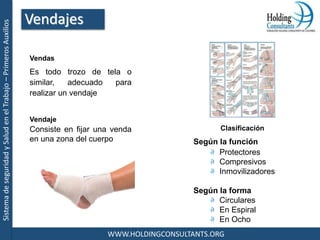 SistemadeseguridadySaludenelTrabajo–PrimerosAuxilios
WWW.HOLDINGCONSULTANTS.ORG
Vendas
Es todo trozo de tela o
similar, adecuado para
realizar un vendaje
Vendaje
Consiste en fijar una venda
en una zona del cuerpo
Clasificación
Según la función
Protectores
Compresivos
Inmovilizadores
Según la forma
Circulares
En Espiral
En Ocho
Vendajes
 