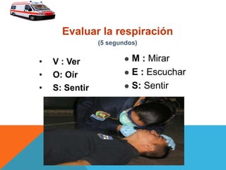 Evaluar la respiración
(5 segundos)
• V : Ver
• O: Oír
• S: Sentir
 M : Mirar
 E : Escuchar
 S: Sentir
 