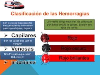 Rojo
Rojo oscuro
Rojo brillantes
Los vasos sanguíneos son los conductos
por donde circula la sangre. Existen tres
tipos de vasos:
Son los vasos que salen
Del corazón
Son los vasos que van al
corazón
Son los vasos mas pequeños
Responsables del intercambio
gaseoso en tejidos y órganos
 