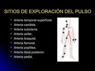 SITIOS DE EXPLORACIÓN DEL PULSO
 Arteria temporal superficial.
 Arteria carótida.
 Arteria subclavia.
 Arteria axilar.
 Arteria braquial.
 Arteria femoral.
 Arteria poplítea.
 Arteria tibial posterior.
 Arteria pedia.
 