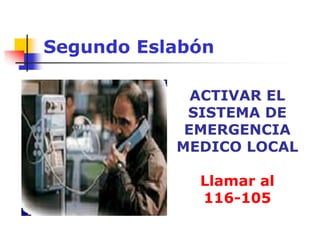Segundo Eslabón
ACTIVAR EL
SISTEMA DE
EMERGENCIA
MEDICO LOCAL
Llamar al
116-105
 
