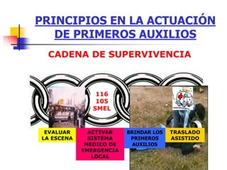 PRINCIPIOS EN LA ACTUACIÓN
DE PRIMEROS AUXILIOS
CADENA DE SUPERVIVENCIA
116
105
SMEL
EVALUAR
LA ESCENA
ACTIVAR
SISTEMA
MEDICO DE
EMERGENCIA
LOCAL
BRINDAR LOS
PRIMEROS
AUXILIOS
TRASLADO
ASISTIDO
 
