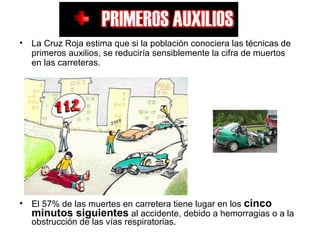 • El 57% de las muertes en carretera tiene lugar en los cinco
minutos siguientes al accidente, debido a hemorragias o a la
obstrucción de las vías respiratorias.
• La Cruz Roja estima que si la población conociera las técnicas de
primeros auxilios, se reduciría sensiblemente la cifra de muertos
en las carreteras.
 