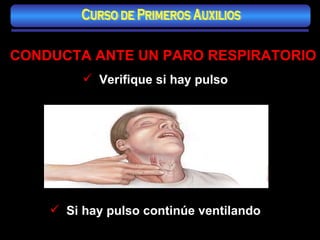CONDUCTA ANTE UN PARO RESPIRATORIO Verifique si hay pulso Si hay pulso continúe ventilando Curso de Primeros Auxilios 