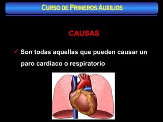 Son todas aquellas que pueden causar un paro cardíaco o respiratorio CAUSAS Curso de Primeros Auxilios 
