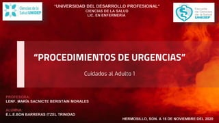 “PROCEDIMIENTOS DE URGENCIAS”
Cuidados al Adulto 1
“UNIVERSIDAD DEL DESARROLLO PROFESIONAL”
CIENCIAS DE LA SALUD
LIC. EN ENFERMERÍA
PROFESORA:
LENF. MARÍA SACNICTE BERISTAIN MORALES
ALUMNA:
E.L.E.BON BARRERAS ITZEL TRINIDAD
HERMOSILLO, SON. A 18 DE NOVIEMBRE DEL 2020
 