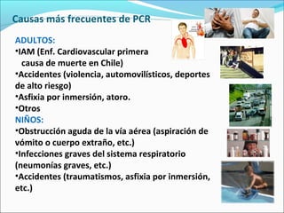 Causas más frecuentes de PCR
ADULTOS:
•IAM (Enf. Cardiovascular primera
causa de muerte en Chile)
•Accidentes (violencia, automovilísticos, deportes
de alto riesgo)
•Asfixia por inmersión, atoro.
•Otros
NIÑOS:
•Obstrucción aguda de la vía aérea (aspiración de
vómito o cuerpo extraño, etc.)
•Infecciones graves del sistema respiratorio
(neumonías graves, etc.)
•Accidentes (traumatismos, asfixia por inmersión,
etc.)
 