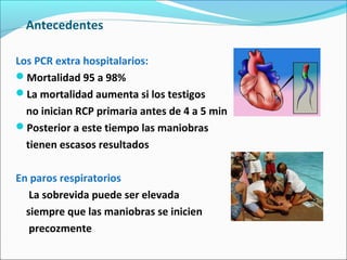 Antecedentes
Los PCR extra hospitalarios:
Mortalidad 95 a 98%
La mortalidad aumenta si los testigos
no inician RCP primaria antes de 4 a 5 min
Posterior a este tiempo las maniobras
tienen escasos resultados
En paros respiratorios
La sobrevida puede ser elevada
siempre que las maniobras se inicien
precozmente
 