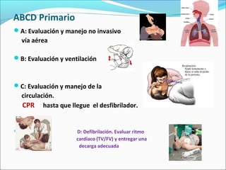 ABCD Primario
A: Evaluación y manejo no invasivo
vía aérea
B: Evaluación y ventilación
C: Evaluación y manejo de la
circulación.
CPR hasta que llegue el desfibrilador.
 D: Defibrilación. Evaluar ritmo
cardíaco (TV/FV) y entregar una
decarga adecuada
 