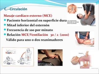 C.--Circulación
Masaje cardíaco externo (MCE)
Paciente horizontal en superficie dura
Mitad inferior del esternón
Frecuencia de 100 por minuto
Relación MCE/Ventilación 30 / 2 (2010)
Válido para uno o dos reanimadores
 