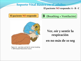 El paciente NO responde
Ver, oír y sentir la
respiración
en no más de 10 seg
Soporte Vital Básico en el adulto:
B (Breathing = Ventilación)
El paciente NO responde: A - B - C
 