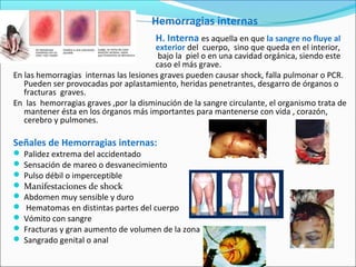 Hemorragias internas
H. Interna es aquella en que la sangre no fluye al
exterior exterior del cuerpo, sino que queda en el interior,
acumulándose bajo la piel o en una cavidad orgánica, siendo este
caso el más grave.
En las hemorragias internas las lesiones graves pueden causar shock, falla pulmonar o PCR.
Pueden ser provocadas por aplastamiento, heridas penetrantes, desgarro de órganos o
fracturas graves.
En las hemorragias graves ,por la disminución de la sangre circulante, el organismo trata de
mantener ésta en los órganos más importantes para mantenerse con vida , corazón,
cerebro y pulmones.
Señales de Hemorragias internas:
 Palidez extrema del accidentado
 Sensación de mareo o desvanecimiento
 Pulso débil o imperceptible
 Manifestaciones de shock
 Abdomen muy sensible y duro
 Hematomas en distintas partes del cuerpo
 Vómito con sangre
 Fracturas y gran aumento de volumen de la zona
 Sangrado genital o anal
 