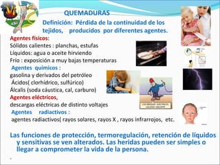 QUEMADURAS
Definición: Pérdida de la continuidad de los
tejidos, producidos por diferentes agentes.
Agentes físicos:
Sólidos calientes : planchas, estufas
Líquidos: agua o aceite hirviendo
Frío : exposición a muy bajas temperaturas
Agentes químicos :
gasolina y derivados del petróleo
Ácidos( clorhídrico, sulfúrico)
Álcalis (soda cáustica, cal, carburo)
Agentes eléctricos,
descargas eléctricas de distinto voltajes
Agentes radiactivos :
agentes radiactivos( rayos solares, rayos X , rayos infrarrojos, etc.
Las funciones de protección, termoregulación, retención de líquidos
y sensitivas se ven alterados. Las heridas pueden ser simples o
llegar a comprometer la vida de la persona.
.
 