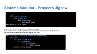 Sistema Modular - Proyecto Jigsaw
Crear un jar a partir de módulo
$ jar -c -f com.eudriscabrera.examples.greetings.jar -C ...