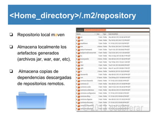 <Home_directory>/.m2/repository
❏ Repositorio local maven
❏ Almacena localmente los
artefactos generados
(archivos jar, wa...