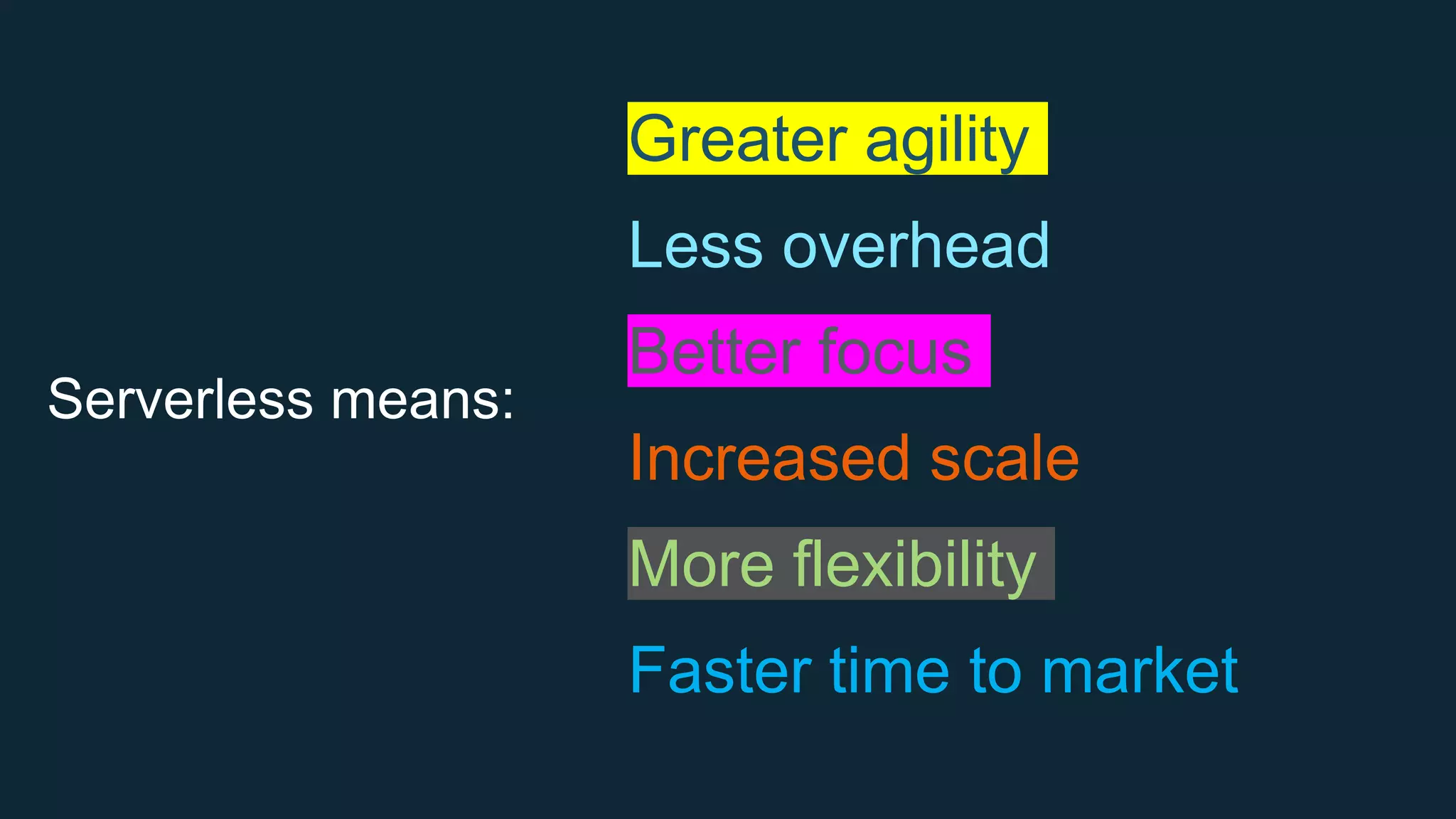 Serverless means:
Greater agility
Less overhead
Better focus
Increased scale
More flexibility
Faster time to market
 