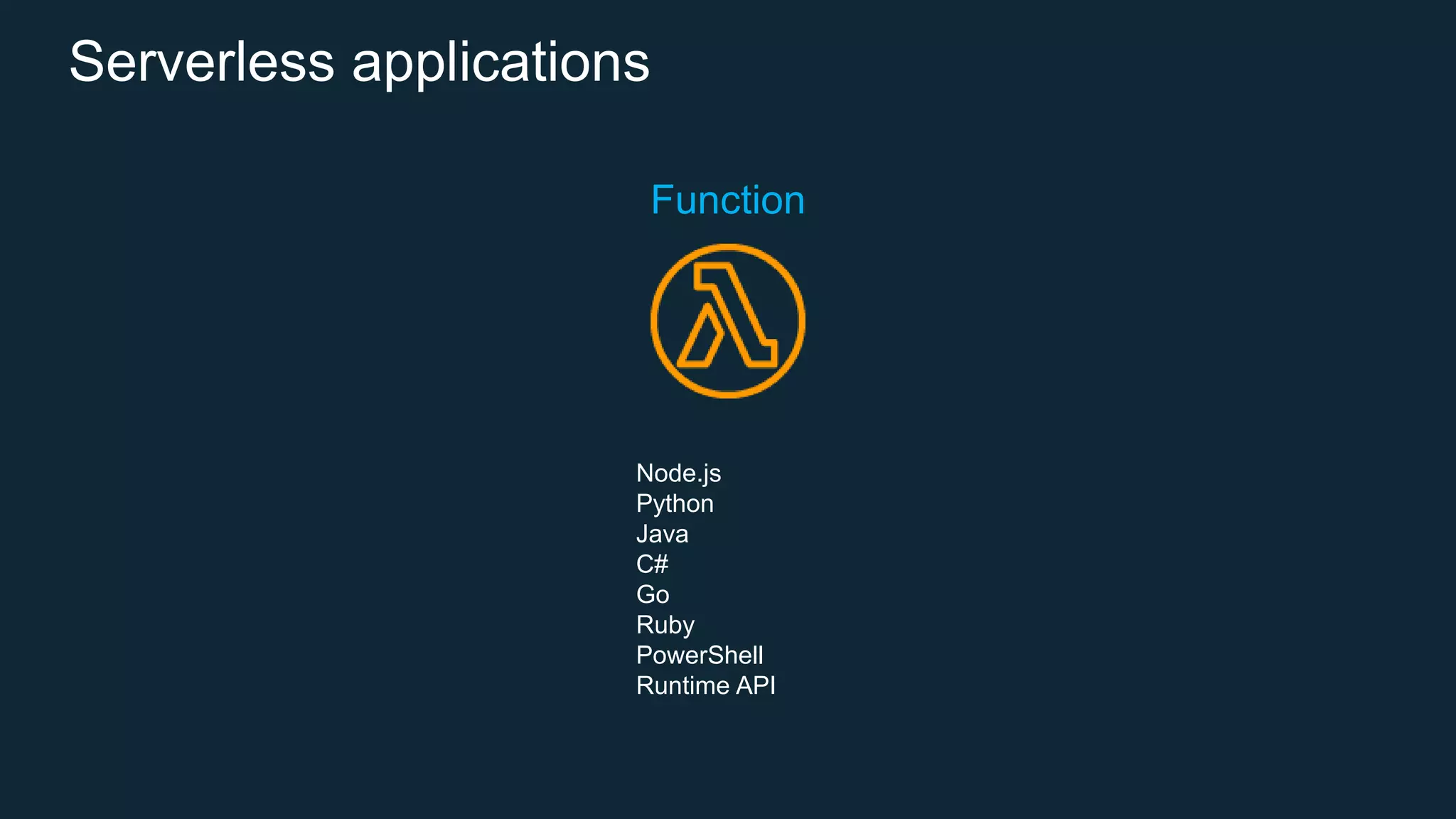 Serverless applications
Function
Node.js
Python
Java
C#
Go
Ruby
PowerShell
Runtime API
 