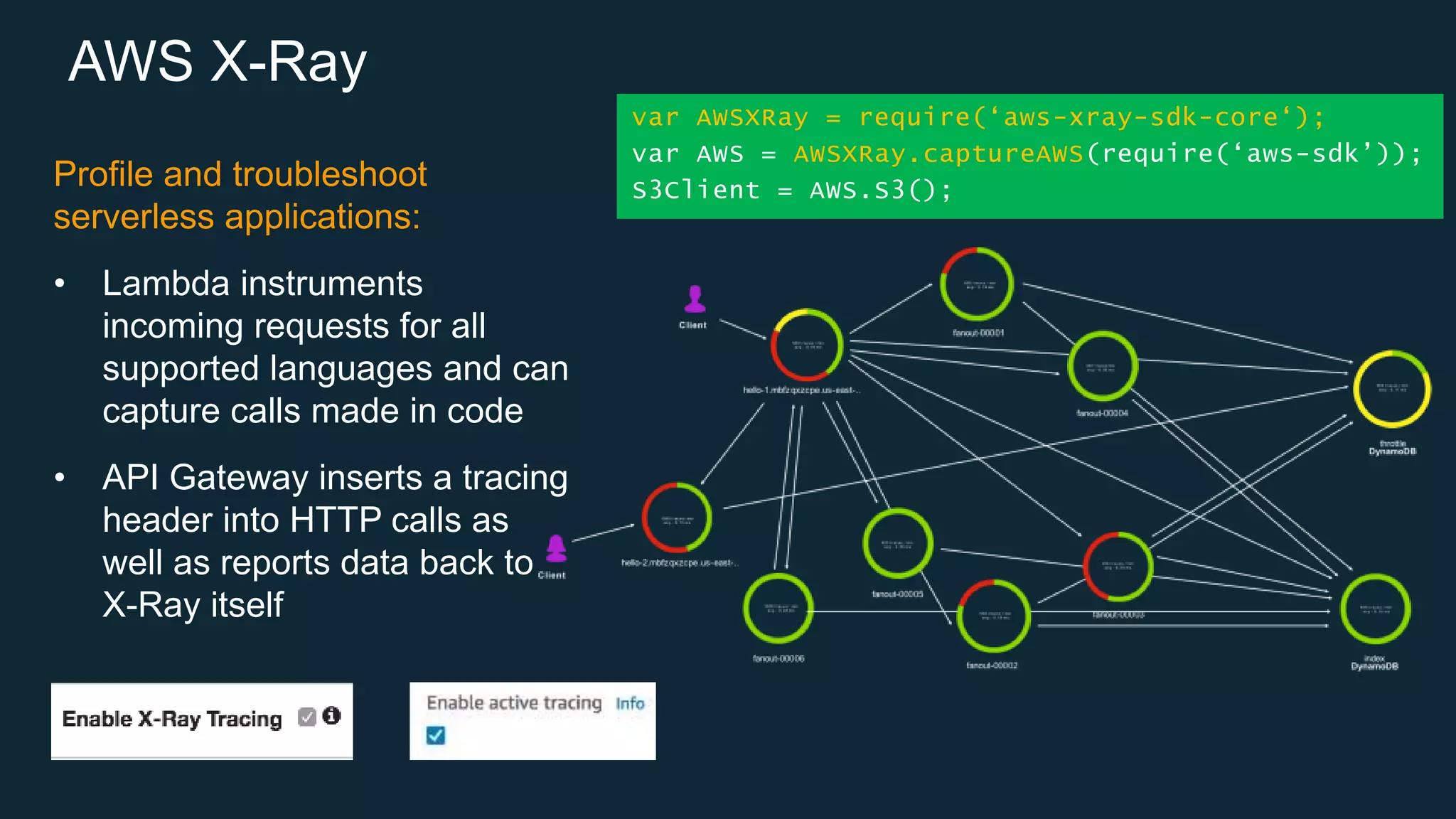AWS X-Ray
Profile and troubleshoot
serverless applications:
• Lambda instruments
incoming requests for all
supported languages and can
capture calls made in code
• API Gateway inserts a tracing
header into HTTP calls as
well as reports data back to
X-Ray itself
var AWSXRay = require(‘aws-xray-sdk-core‘);
var AWS = AWSXRay.captureAWS(require(‘aws-sdk’));
S3Client = AWS.S3();
 