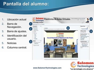 Pantalla del alumno:


1.   Ubicación actual                                           4

2.   Barra de             1
     Navegación.                                            6
                          2
3.   Barra de ajustes.                                          5
4.   Identificación del
     usuario.
                          3
5.   Noticias
6.   Columna central.




                              www.SalomonTechnologies.com
 