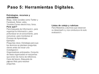 Listas de cotejo y rubricas
Para Maestros y alumnos que observen
su desempeñ o y nos conduzca a la auto
evaluació n.
Estrategias, recursos y
actividades.
Blogs, redes sociales como Twitter y
Facebook, flicker, wikis,
Youtube,Correo electró nico, foros.
Para qué ?
Para búsqueda de Informació n, para
organizar la informació n, para
profundizar en el conocimiento, para
comunicar, para monitorear el
Proceso de Aprendizaje.
Ejemplos:
Preguntas clave. Estrategia para que
los alumnos se planteen preguntas
claves antes de iniciar una
investigació n
Organizadores anticipados. Conjunto
de ideas organizadas en esquemas
que sirven de marco de referencia.
Caza del tesoro. Búsqueda de
páginas Web para resolver
preguntas.
Paso 5: Herramientas Digitales.
 
