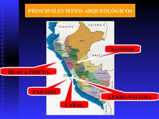 PRINCIPALES SITIOS ARQUEOLÓGICOS




                              KOTOSH



HUACA PRIETA


       PARAÍSO
                             CERRO PALOMA
                 CARAL
 