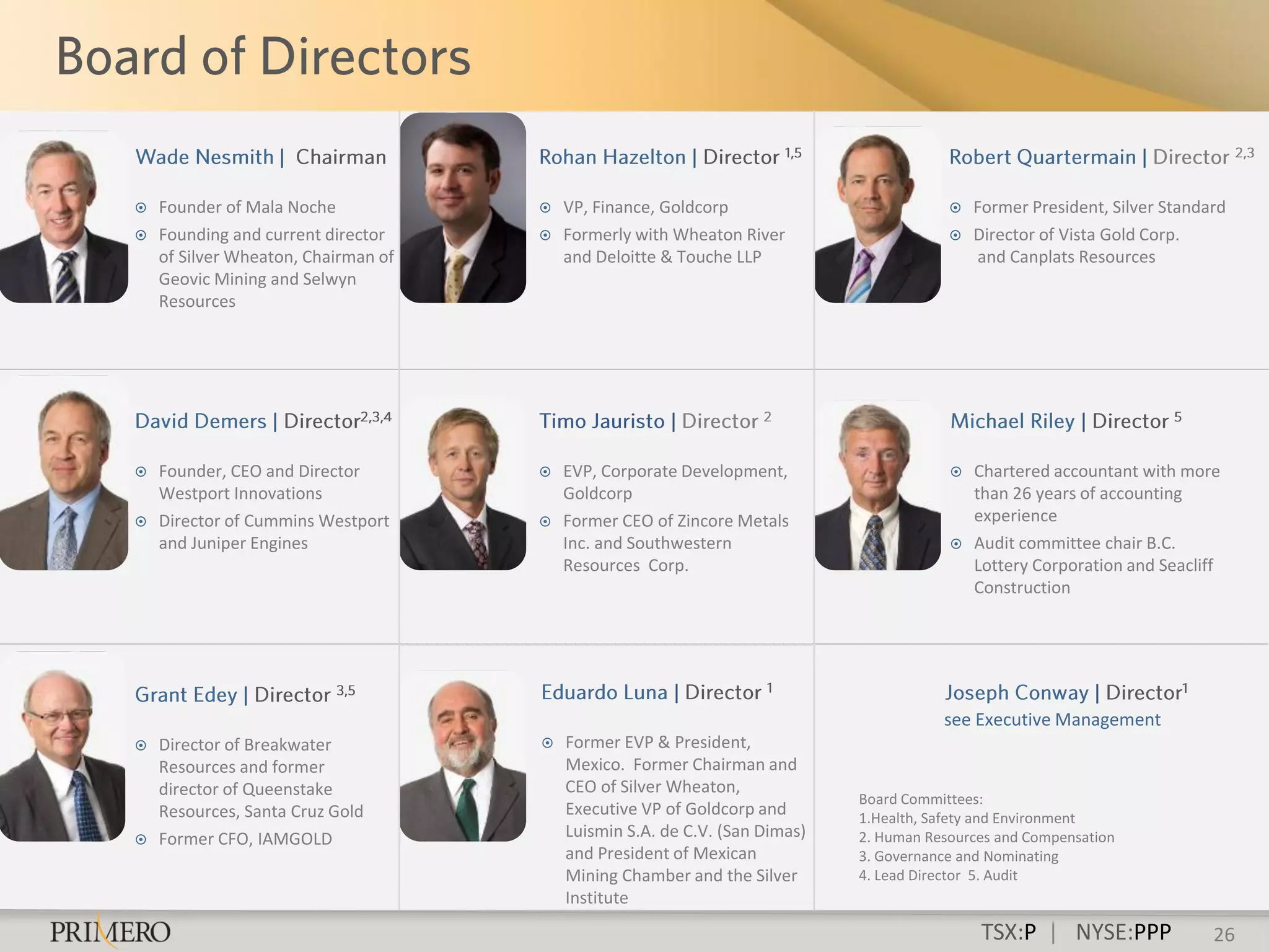    Founder of Mala Noche               VP, Finance, Goldcorp                             Former President, Silver Standard
   Founding and current director       Formerly with Wheaton River                       Director of Vista Gold Corp.
    of Silver Wheaton, Chairman of       and Deloitte & Touche LLP                          and Canplats Resources
    Geovic Mining and Selwyn
    Resources




   Founder, CEO and Director           EVP, Corporate Development,                       Chartered accountant with more
    Westport Innovations                 Goldcorp                                           than 26 years of accounting
   Director of Cummins Westport        Former CEO of Zincore Metals                       experience
    and Juniper Engines                  Inc. and Southwestern                             Audit committee chair B.C.
                                         Resources Corp.                                    Lottery Corporation and Seacliff
                                                                                            Construction




                                                                                       see Executive Management
   Director of Breakwater              Former EVP & President,
    Resources and former                 Mexico. Former Chairman and
    director of Queenstake               CEO of Silver Wheaton,
                                                                            Board Committees:
    Resources, Santa Cruz Gold           Executive VP of Goldcorp and       1.Health, Safety and Environment
   Former CFO, IAMGOLD                  Luismin S.A. de C.V. (San Dimas)   2. Human Resources and Compensation
                                         and President of Mexican           3. Governance and Nominating
                                         Mining Chamber and the Silver      4. Lead Director 5. Audit
                                         Institute
                                                                                             TSX:P | NYSE:PPP              26
 