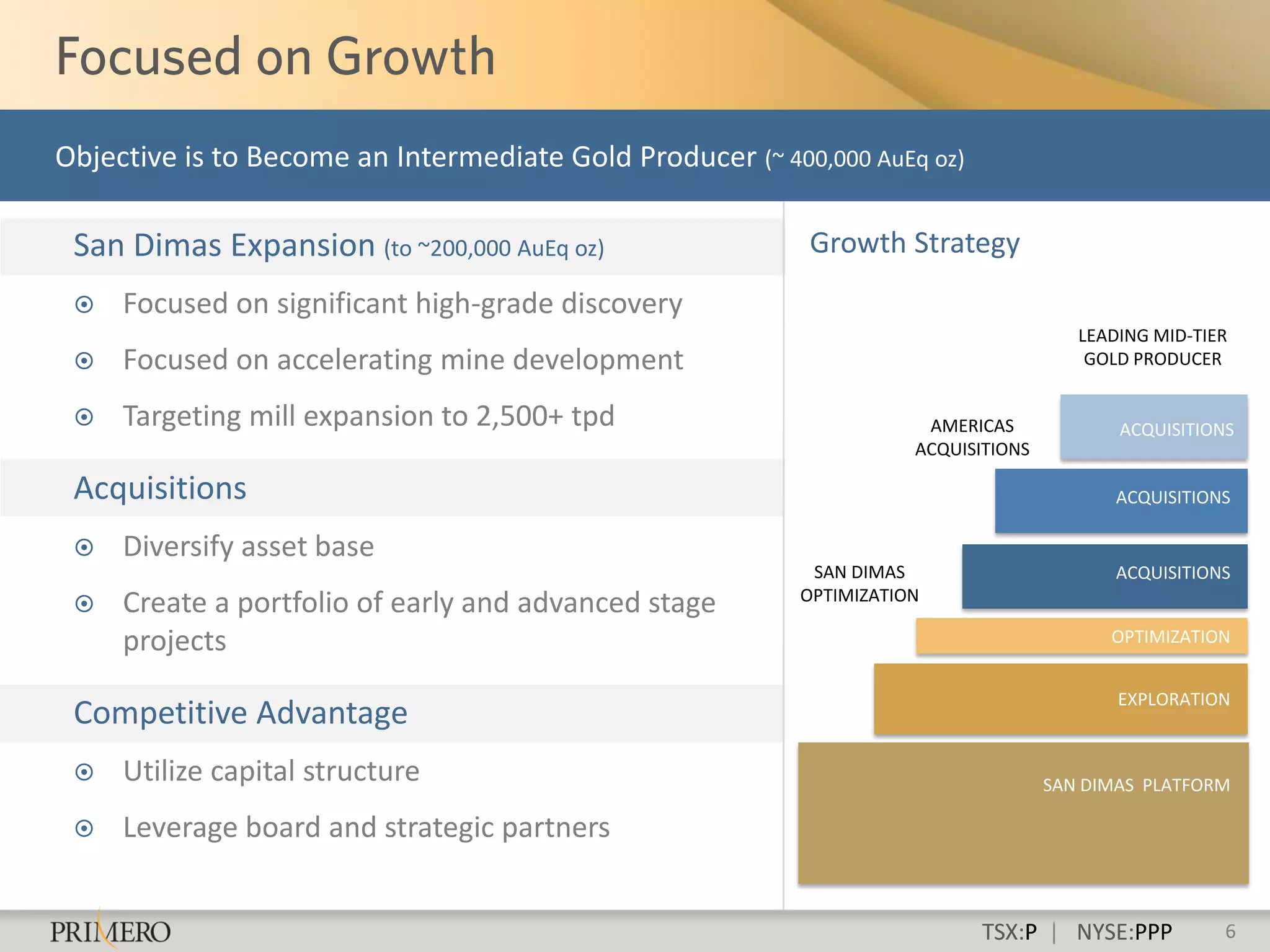 Objective is to Become an Intermediate Gold Producer (~ 400,000 AuEq oz)

 San Dimas Expansion (to ~200,000 AuEq oz)                 Growth Strategy
    Focused on significant high-grade discovery
                                                                                       LEADING MID-TIER
    Focused on accelerating mine development                                           GOLD PRODUCER


    Targeting mill expansion to 2,500+ tpd                           AMERICAS             ACQUISITIONS
                                                                     ACQUISITIONS

 Acquisitions                                                                              ACQUISITIONS

    Diversify asset base
                                                           SAN DIMAS                       ACQUISITIONS
                                                          OPTIMIZATION
    Create a portfolio of early and advanced stage
     projects                                                                             OPTIMIZATION


                                                                                           EXPLORATION
 Competitive Advantage
    Utilize capital structure                                                      SAN DIMAS PLATFORM

    Leverage board and strategic partners


                                                                            TSX:P | NYSE:PPP          6
 