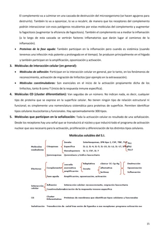 El complemento va a culminar en una cascada de destrucción del microorganismo (se hacen agujeros para
       destruirlo). También lo va a opsonizar, lo va a recubrir, de manera que los receptores del complemento
       podrán interaccionar con esos patógenos recubiertos por estas moléculas del complemento y augmentar
       la fagocitosis (augmentar la eficiencia de fagocitosis). También el complemento va a mediar la inflamación
       (a lo largo de esta cascada se vertirán factores inflamatorios que darán lugar al comienzo de la
       inflamación).
      Proteínas de la fase aguda: También participan en la inflamación pero cuando es sistémica (cuando
       tenemos una infección más potente y prolongada en el tiempo). Se producen principalmente en el hígado
       y también participan en la amplificación, opsonización y activación.
3. Moléculas de interacción celular (en general):
      Moléculas de adhesión: Participan en la interacción celular en general, por lo tanto, en los fenómenos de
       reconocimiento, activación de migración de linfocitos (por ejemplo en la extravasación).
      Moléculas coestimuladoras: Son esenciales en el inicio de la activación propiamente dicha de los
       linfocitos, tanto B como T (inicio de la respuesta inmune específica).
4. Moléculas CD (cluster diferentiation): Van seguidas de un número. No indican nada, es decir, cualquier
   tipo de proteína que se exprese en la superficie celular. No tienen ningún tipo de relación estructural ni
   funcional; es simplemente una nomenclatura sistemática para proteínas de superficie. Permiten identificar
   tipos celulares leucocitarios y funcionales. Hay aproximadamente 300 tipos.
5. Moléculas que participan en la señalización: Toda la activación celular es resultado de una señalización.
   Desde los receptores hay una señal que se transducirá al núcleo y que inducirá todo el programa de activación
   nuclear que sea necesario para la activación, proliferación y diferenciación de los distintos tipos celulares.

                                                 Moléculas solubles del S.I.




                                                                                                                    15
 
