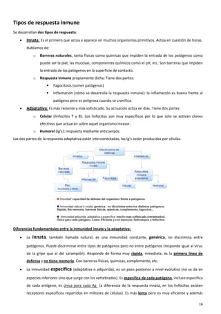 Tipos de respuesta inmune
Se desarrollan dos tipos de respuesta:
       Innata: Es el primero que actúa y aparece en muchos organismos primitivos. Actúa en cuestión de horas.
        Hablamos de:
             o   Barreras naturales, tanto físicas como químicas que impiden la entrada de los patógenos como
                 puede ser la piel, las mucosas, componentes químicos como el pH, etc. Son barreras que impiden
                 la entrada de los patógenos en la superficie de contacto.
             o   Respuesta inmune propiamente dicha: Tiene dos partes:
                          Fagocitosis (comer patógenos)
                          Inflamación (cómo se desarrolla la respuesta inmune): la inflamación es buena frente al
                           patógena pero es peligrosa cuando se cronifica.
       Adaptativa: Es más reciente y más sofisticado. Su actuación actúa en días. Tiene dos partes:
             o   Celular (linfocitos T y B). Los linfocitos son muy específicos por lo que solo se activan clones
                 efectivos que actuarán sobre aquel organismo invasor.
             o   Humoral (Ig’s): respuesta mediante anticuerpos.
Las dos partes de la respuesta adaptativa están interconectadas, las Ig’s están producidas por células.




Diferencias fundamentales entre la inmunidad innata y la adaptativa:

       La   innata,     también llamada natural, es una inmunidad constante, genérica, no discrimina entre

        patógenos. Puede discriminar entre tipos de patógenos pero no entre patógenos (responde igual al virus
        de la gripe que al del sarampión). Responde de forma muy rápida, inmediata, es la primera línea de
        defensa y no tiene memoria. Con barreras físicas, químicas, complemento, etc.

       La inmunidad     específica   (adaptativa o adquirida), es un paso posterior a nivel evolutivo (no se da en

        especies inferiores sino que surge con los vertebrados). Es específica de cada patógeno, incluso específica
        de cada antígeno, es única para cada Ag (a diferencia de la respuesta innata, en los linfocitos existen
        receptores específicos repartidos en millones de células). Es más lenta pero es muy eficiente y además

                                                                                                                16
 