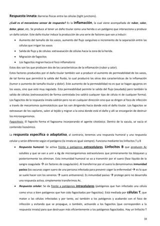 Respuesta innata: Barreras físicas entre las células (tight junctions).
¿Cuál es el mecanismo sensor de respuesta? Es la        inflamación, la cual viene acompañada de         rubor, calor,

dolor, picor, etc. Se produce al tener un daño tisular como una herida o un patógeno que interacciona y produce
un daño celular. Este daño tisular induce la producción de una serie de factores que van a inducir:
        Aumento del tamaño de los vasos, aumento del flujo sanguíneo e incremento de la separación entre las
         células que irrigan los vasos
        Salida de flujo y de células: extravasación de células hacia la zona de la herida.
        Migración de fagocitos
        Los fagocitos migran hacia el foco inflamatorio
Estos dos son los que producen dos de las características de la inflamación (rubor y calor).
Estos factores producidos por el daño tisular también van a producir el aumento de permeabilidad de los vasos,
de tal forma que permitirá la salida del fluido, lo cual producirá las otras dos características de la inflamación
(tumor o aumento de tamaño tisular y dolor). Este aumento de la permeabilidad no es que se hagan agujeros en
los vasos, sino que está muy regulado. Esta permeabilidad permite la salida del flujo (exudado) pero también la
salida de células (extravasación) de forma controlada (no saldrá cualquier tipo de célula ni de cualquier forma).
Los fagocitos de la respuesta innata saldrán pero no en cualquier dirección sino que se dirigen al foco de infección
a través de mecanismos quimiotácticos que los van dirigiendo hacia donde está el daño tisular. Los fagocitos se
extravasan de los capilares, salen al tejido y migran a la zona donde está el daño y allí se encargarán de destruir
los microorganismos.
Fagocitosis: El fagocito forma el fagosoma incorporando el agente citotóxico. Dentro de la vacula, se vacía el
contenido lisosómico.

La   respuesta específica o adaptativa,             al contrario, tenemos una respuesta humoral y una respuesta

celular y serán diferente según el patógeno (la innata es igual siempre). Funciona mediante los linfocitos T y B

        Respuesta humoral: Se activa frente a patógenos extracelulares.           Linfocitos B   que producen Ac

         solubles y que se van a unir a Ag de microorganismos extracelulares que primeramente los bloquean y
         posteriormente los eliminan. Esta inmunidad humoral se va a transmitir por el suero (fase líquida de la
         sangre coagulada  sin factores de coagulación). Al transferirse por el suero la denominamos inmunidad
         pasiva (las vacunas cogen suero de una persona infectada para prevenir coger la enfermedad  es lo que
         se suele hacer con los venenos  suero antiveneno). Es inmunidad pasiva  protege pero no desarrolla
         una respuesta activa, simplemente transferimos Ac.
        Respuesta celular: Se da frente a patógenos intracelulares (patógenos que han infectado una célula

         como virus o bien patógenos que han sido fagocitados por fagocitos). Está mediada por        células T, que
         matan a las células infectadas y por tanto, así también a los patógenos y acabando con el foco de
         infección y evitando que se propague, o también, activando a los fagocitos (que corresponden a la
         respuesta innata) para que destruyan más eficientemente a los patógenos fagocitados. Hay un linfocito T


                                                                                                                   18
 